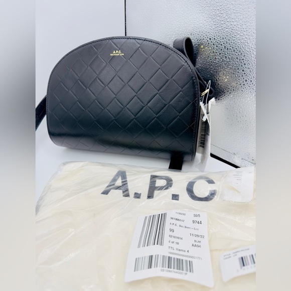 A.P.C. DEMI LUNE EMBOSSED LEATHER CROSSBODY BAG BLACK Retail $500